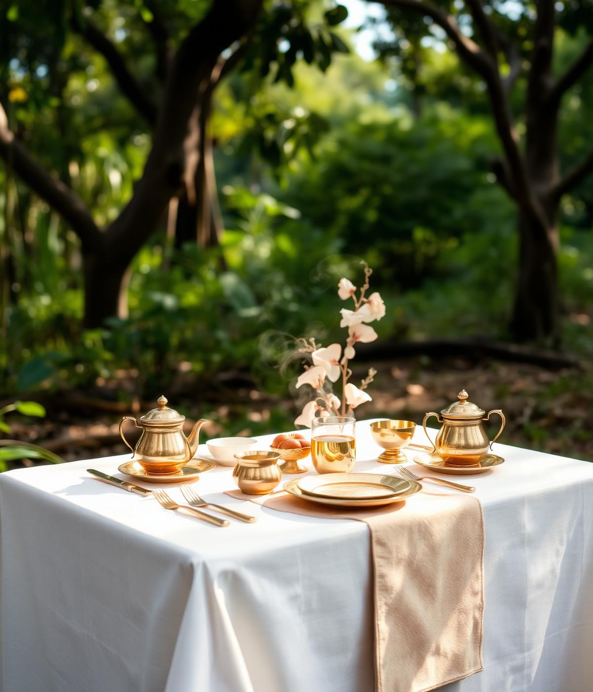 Jungle breakfast with brass tableware