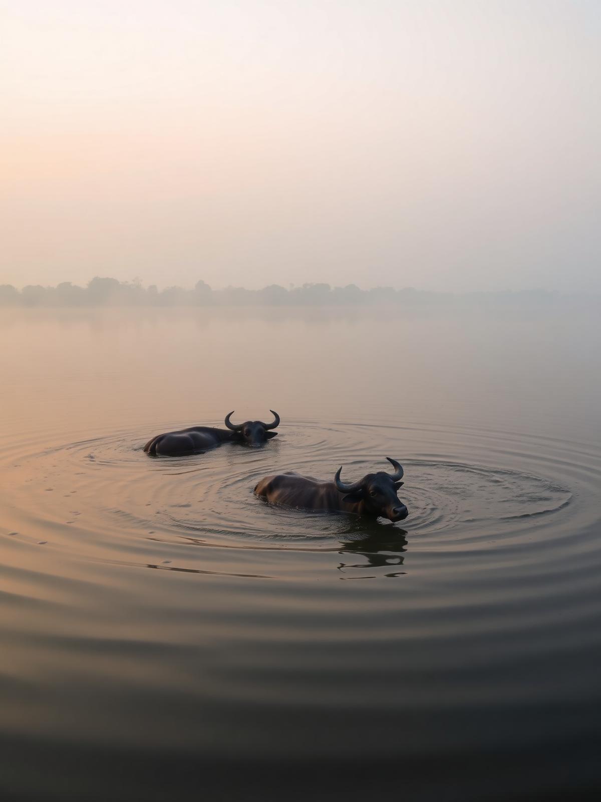 Water buffalo bathing at dawn